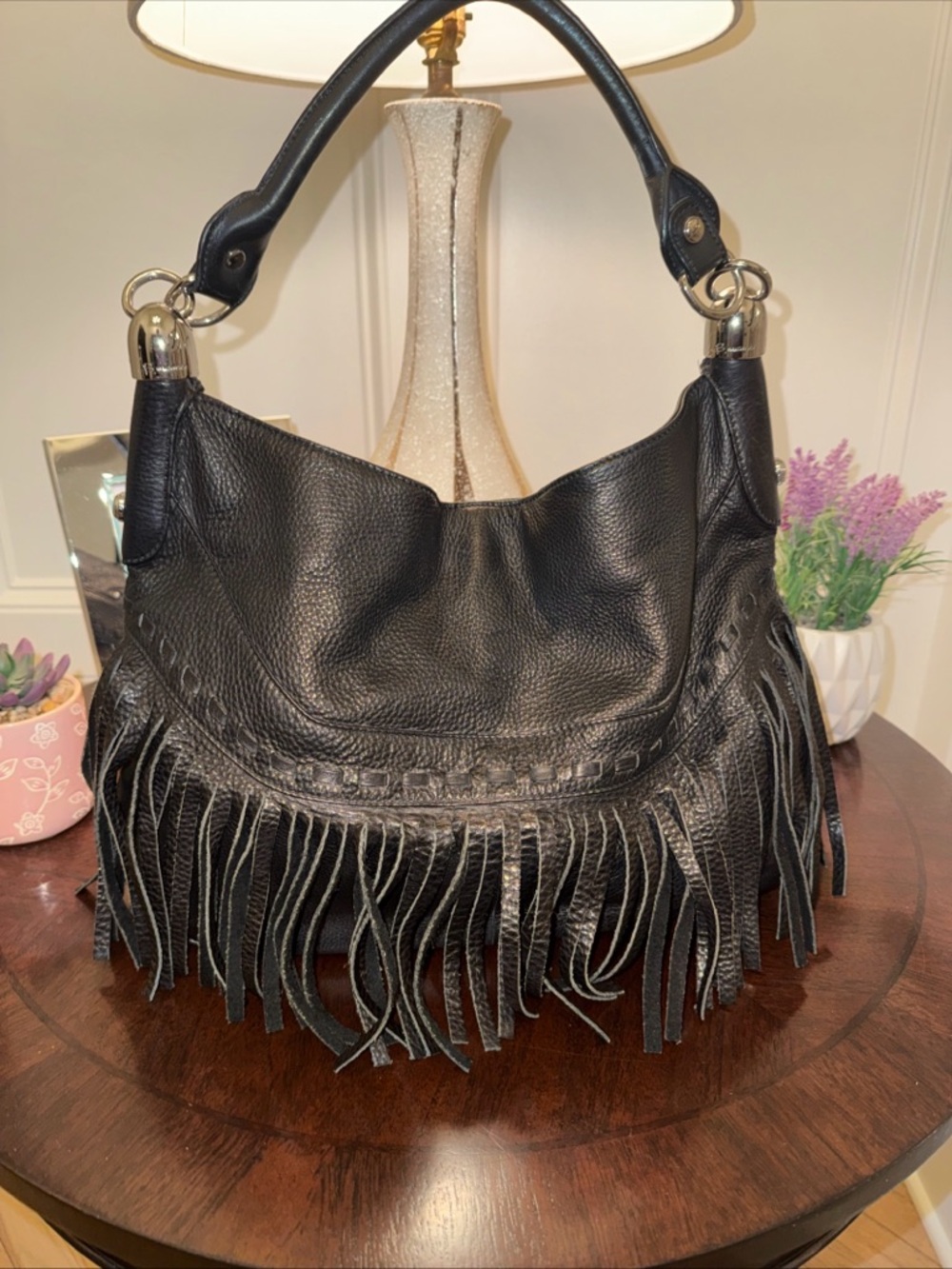 B. Makowsky Andalusia Fringe Hobo Bag Purse Genuine Black Pebbled Leather Hippie